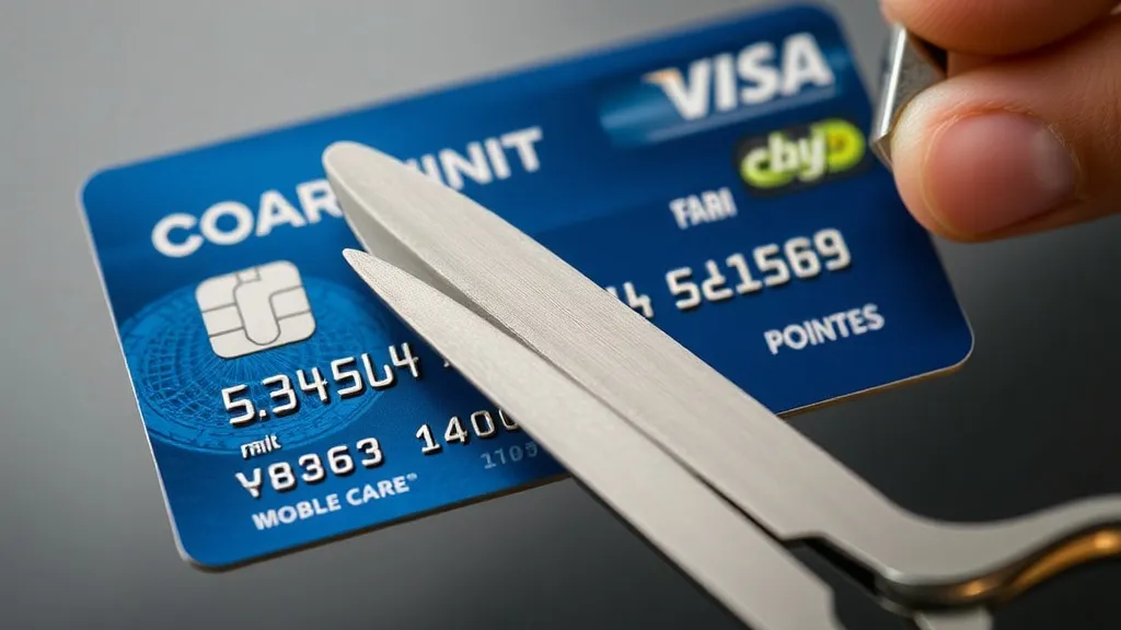 Tesoura cortando cartão de crédito premium sobre fundo com ilustração de pontos e milhas