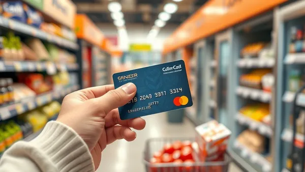 Cartão de crédito premium sobre carrinho de supermercado com produtos do dia a dia, representando acúmulo de milhas no gasto rotineiro