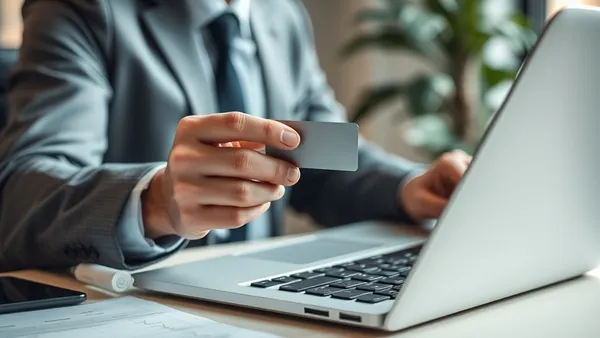 Empresário usando cartão de crédito e laptop no escritório, organizando despesas da empresa