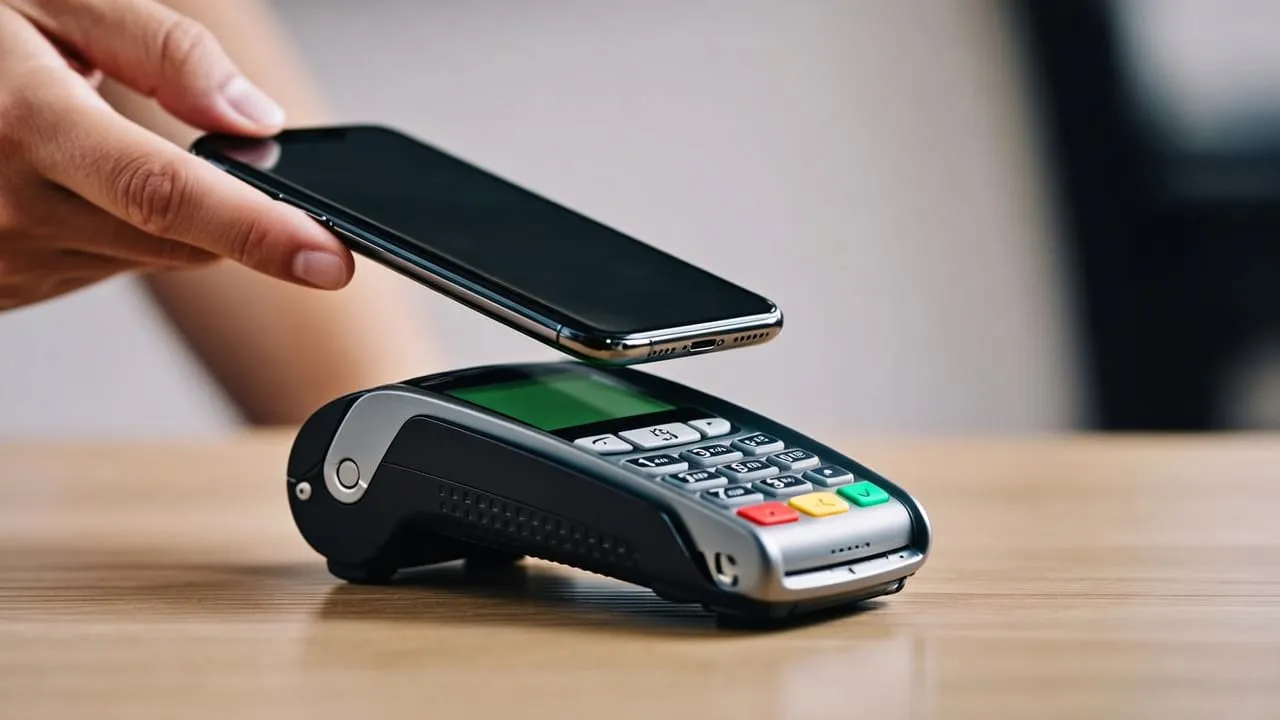 Smartphone aproximado de uma maquininha de cartão para pagamento por aproximação