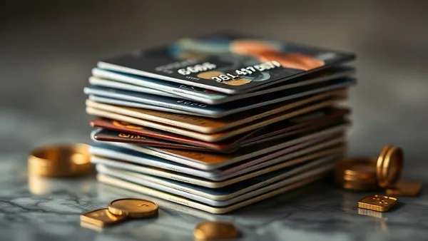 Cartões de crédito premium empilhados sobre superfície escura com iluminação lateral dourada representando pontos e recompensas