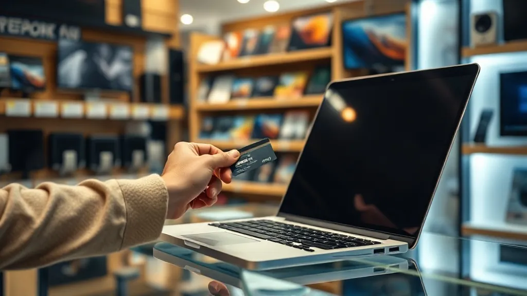 Pessoa pagando um notebook com cartão de crédito no caixa de uma loja de eletrônicos