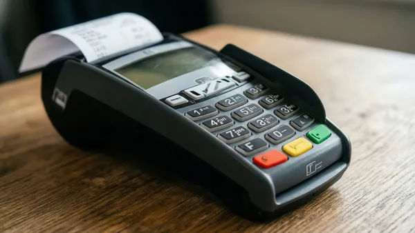 Close-up de cartão de crédito sendo inserido em maquininha de pagamento com recibo ao fundo