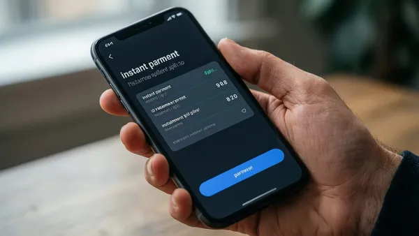 Mão segurando smartphone com aplicativo de pagamento mostrando tela de parcelamento