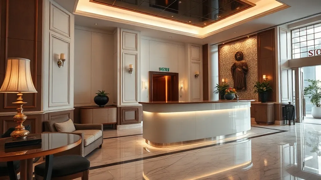 Lobby de hotel de luxo com recepção elegante e iluminação sofisticada