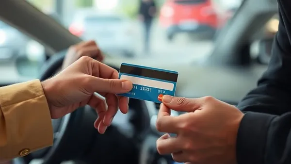 Atendente de locadora processando cartão de crédito no balcão de retirada
