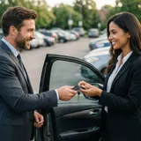 Duas pessoas trocando as chaves de um carro alugado no estacionamento