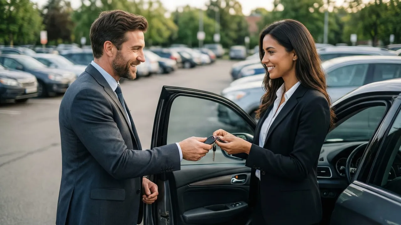 Duas pessoas trocando as chaves de um carro alugado no estacionamento