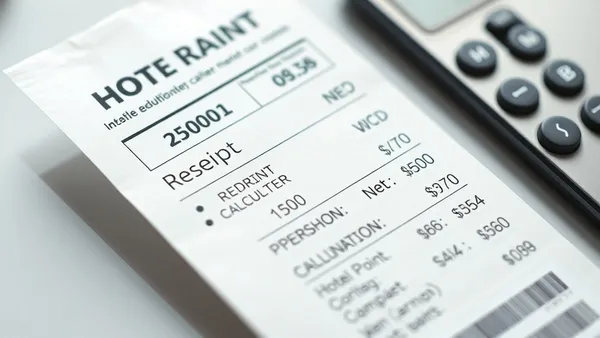 Calculadora e cartão de crédito sobre mesa com papéis de reserva de hotel ao fundo.