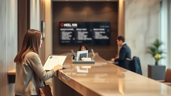 Recepção de hotel com hóspede fazendo check-in e recepcionista digitando a reserva no computador