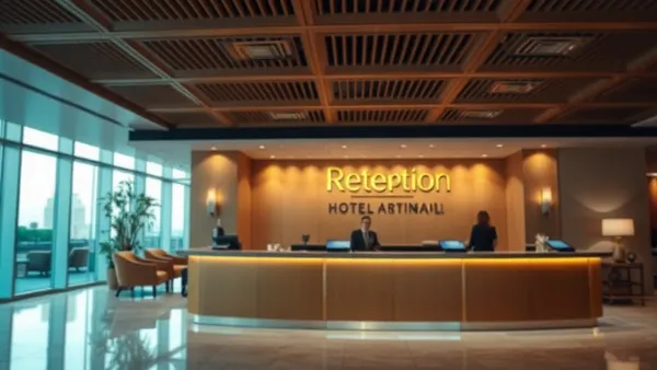 Recepção de hotel de luxo com balcão de check-in e lobby amplo