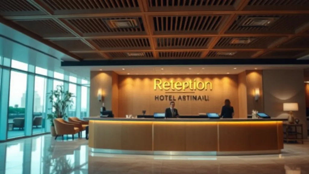 Recepção de hotel de luxo com balcão de check-in e lobby amplo