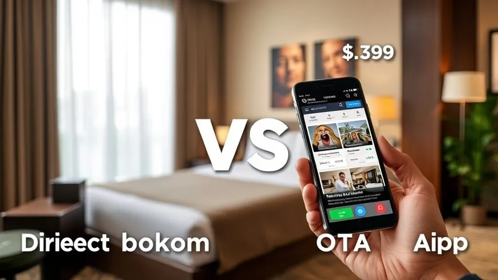 Tela de celular com dois apps de reserva de hotel abertos lado a lado, um de OTA e outro do site direto do hotel