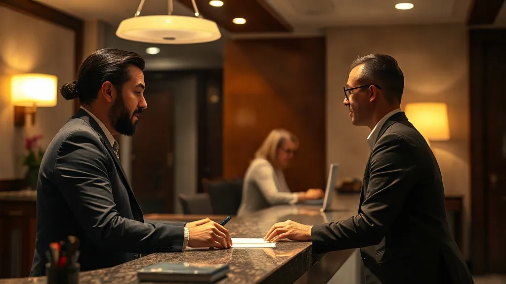Hóspede conversando com recepcionista no balcão de um hotel à noite, checando informações no computador