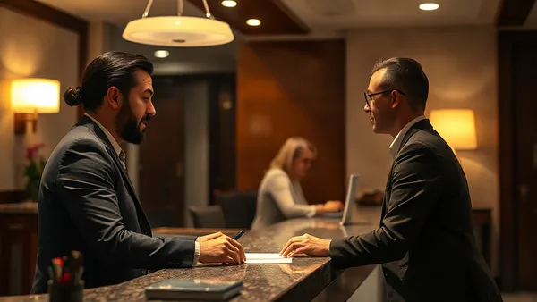Hóspede conversando com recepcionista no balcão de um hotel à noite, checando informações no computador