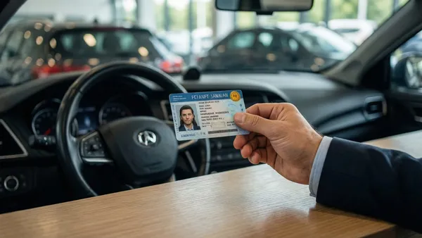 Motorista mostrando carteira de habilitação no balcão de uma locadora de carros