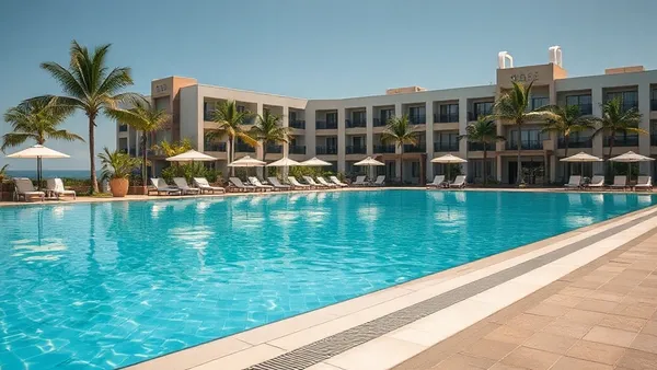 Piscina de resort de luxo com espreguiçadeiras vazias ao pôr do sol e palmeiras ao fundo