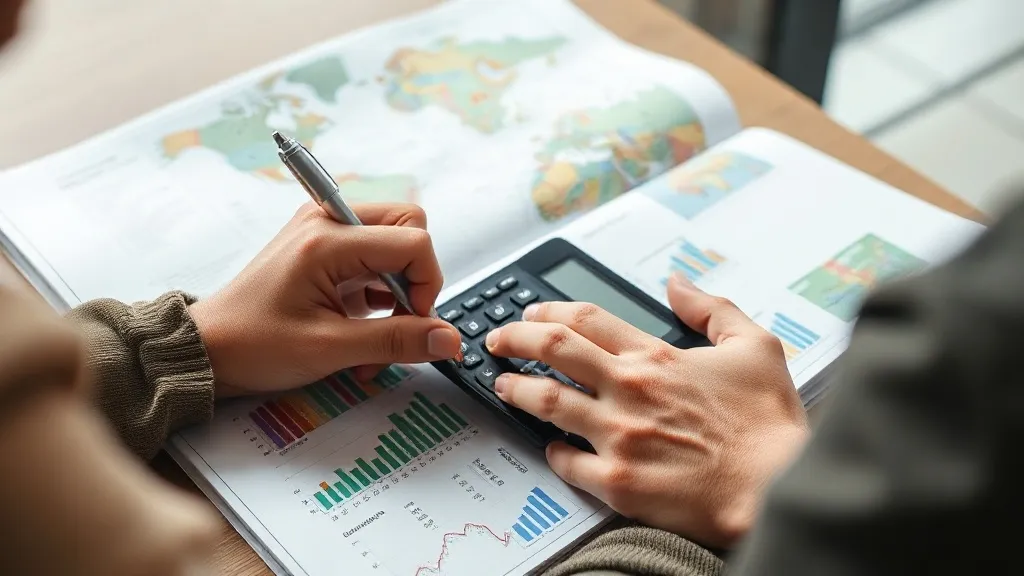 Pessoa planejando orçamento de viagem com mapa, caderno e calculadora sobre a mesa