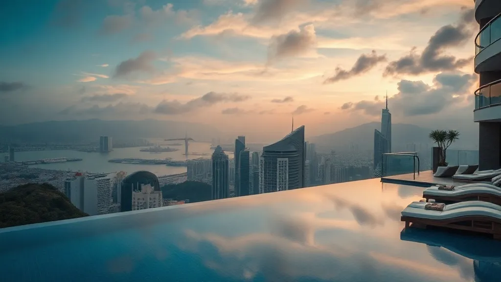 Piscina de hotel de luxo com vista para skyline de cidade brasileira ao entardecer