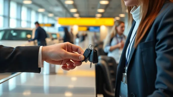 Atendente de locadora entregando as chaves de um carro alugado no balcão do aeroporto
