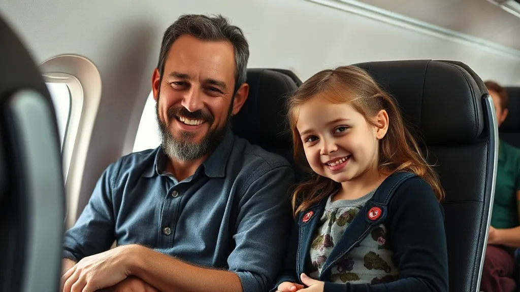 Pai e filha sentados lado a lado em poltronas de avião durante o voo
