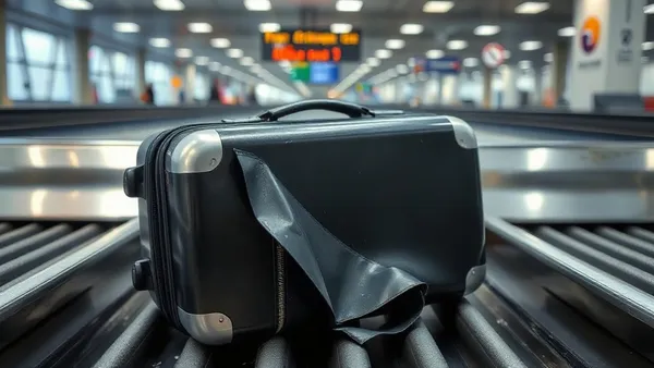 Mala de viagem danificada com roda quebrada parada na esteira de bagagem do aeroporto