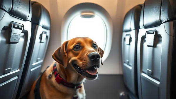 Cão-guia deitado no chão da cabine de avião ao lado dos pés do tutor durante o voo