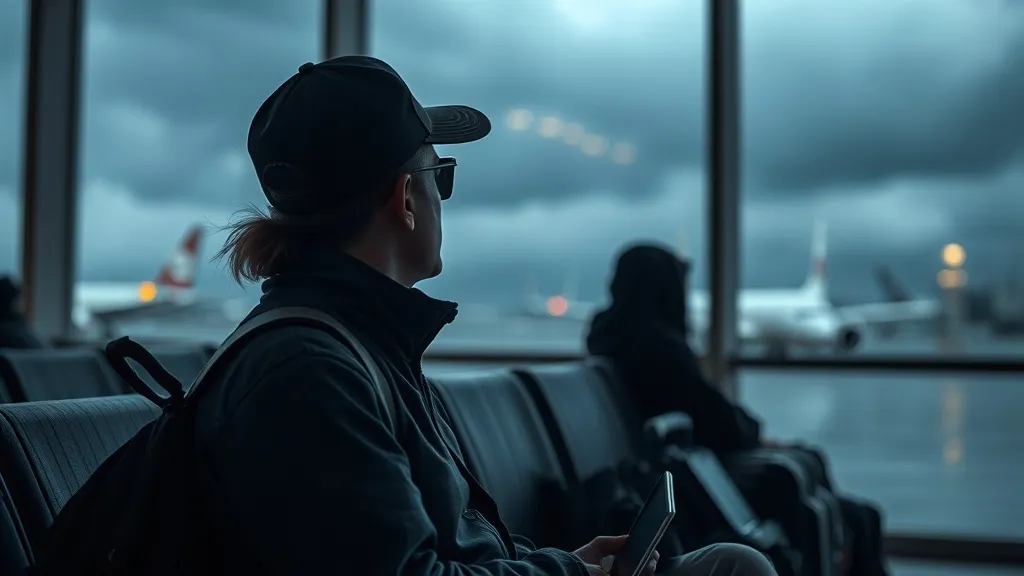 Passageiros esperando em aeroporto com janelas mostrando tempestade do lado de fora