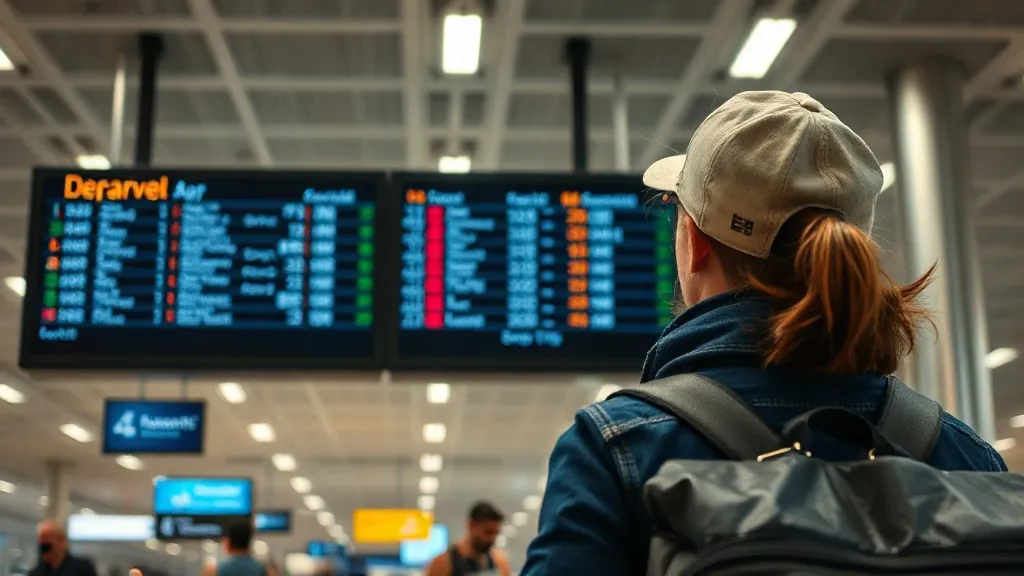 Passageiro diante de painel de aeroporto com voo atrasado