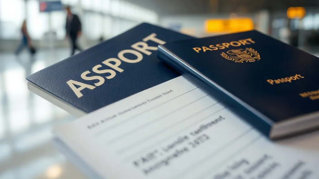 Passageiro em aeroporto segurando passaporte e cartão de embarque no balcão de check-in