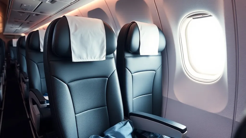 Passageiro olhando para o bilhete de executiva enquanto aponta para poltrona da classe econômica em avião