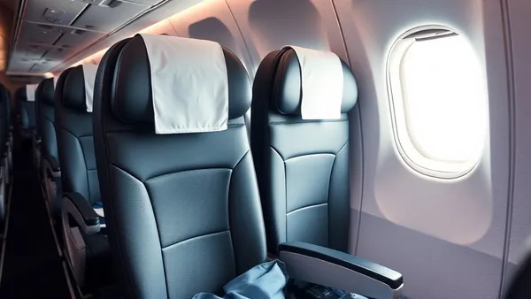 Passageiro olhando para o bilhete de executiva enquanto aponta para poltrona da classe econômica em avião
