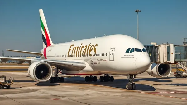 Cauda de avião da Emirates estacionado no portão de embarque de um aeroporto