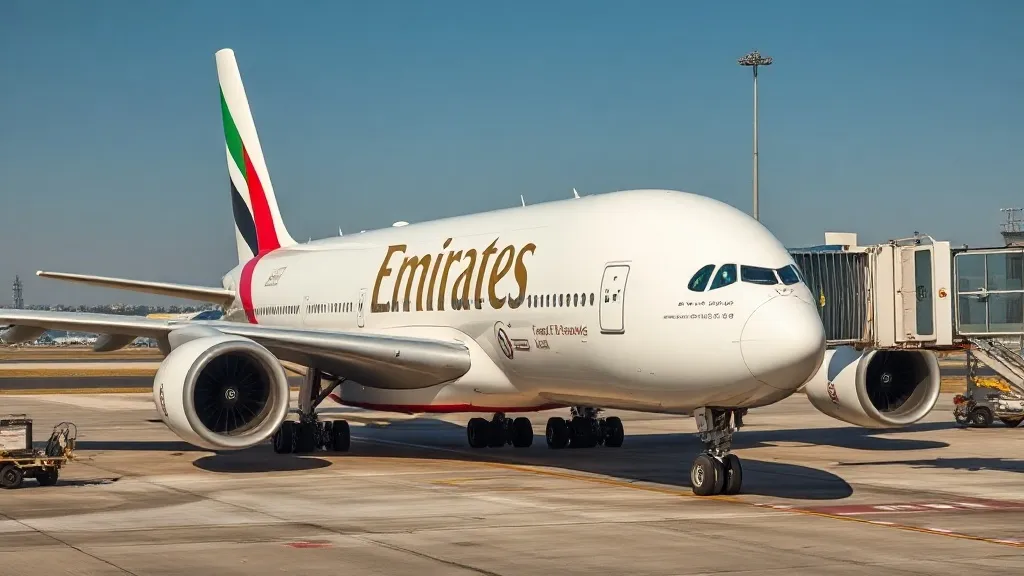 Cauda de avião da Emirates estacionado no portão de embarque de um aeroporto