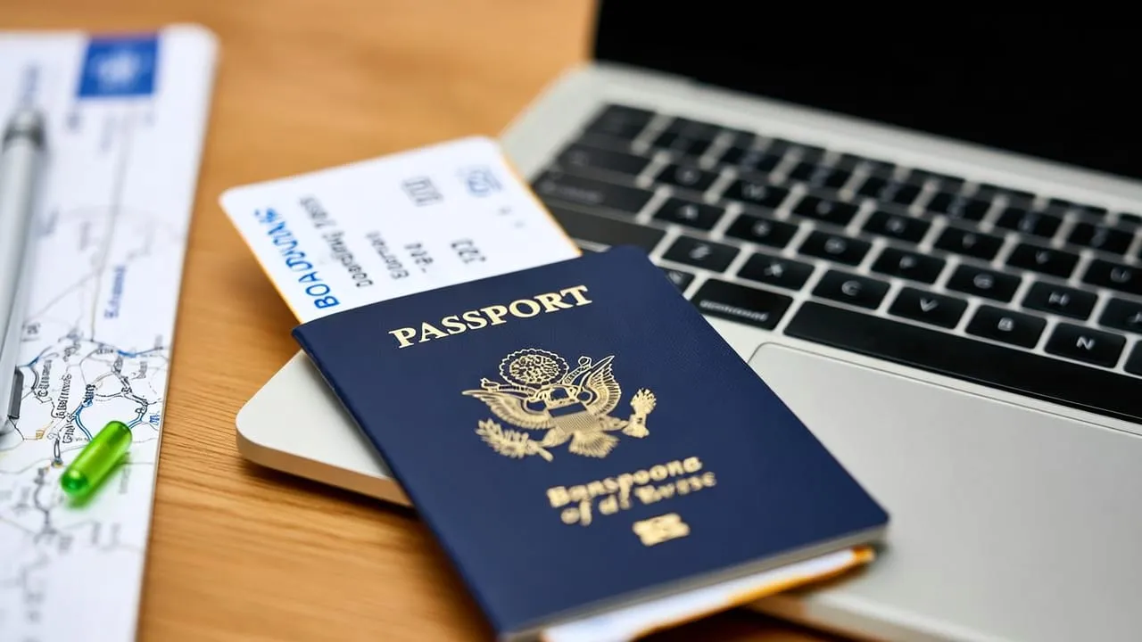 Passaporte e cartão de embarque sobre uma mesa, ao lado de um notebook, durante o planejamento de uma viagem à Europa