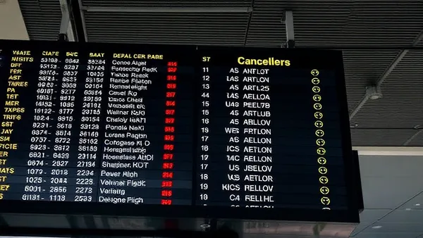 Painel de partidas de aeroporto mostrando voos cancelados
