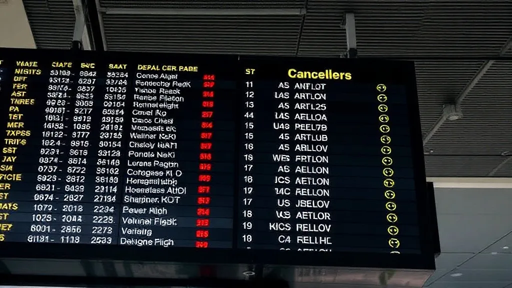 Painel de partidas de aeroporto mostrando voos cancelados