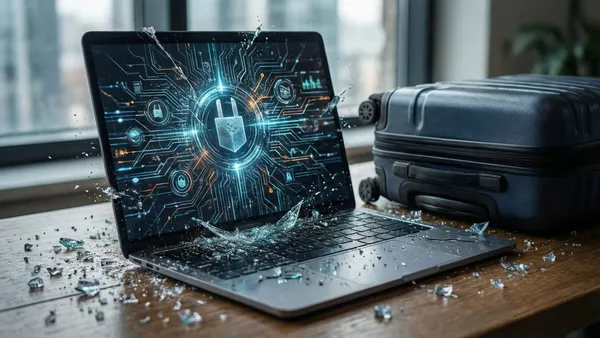Notebook aberto com tela de segurança digital ao lado de itens de viagem