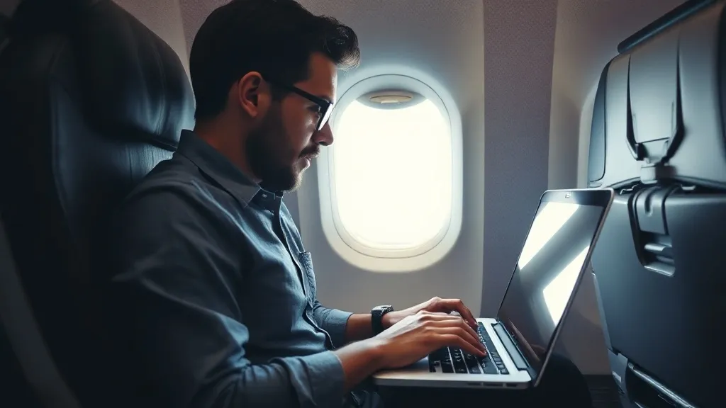 Passageiro usando notebook em cabine de avião durante voo internacional