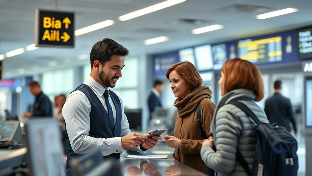 Atendente de companhia aérea no balcão do aeroporto ajudando passageiro a remarcar voo