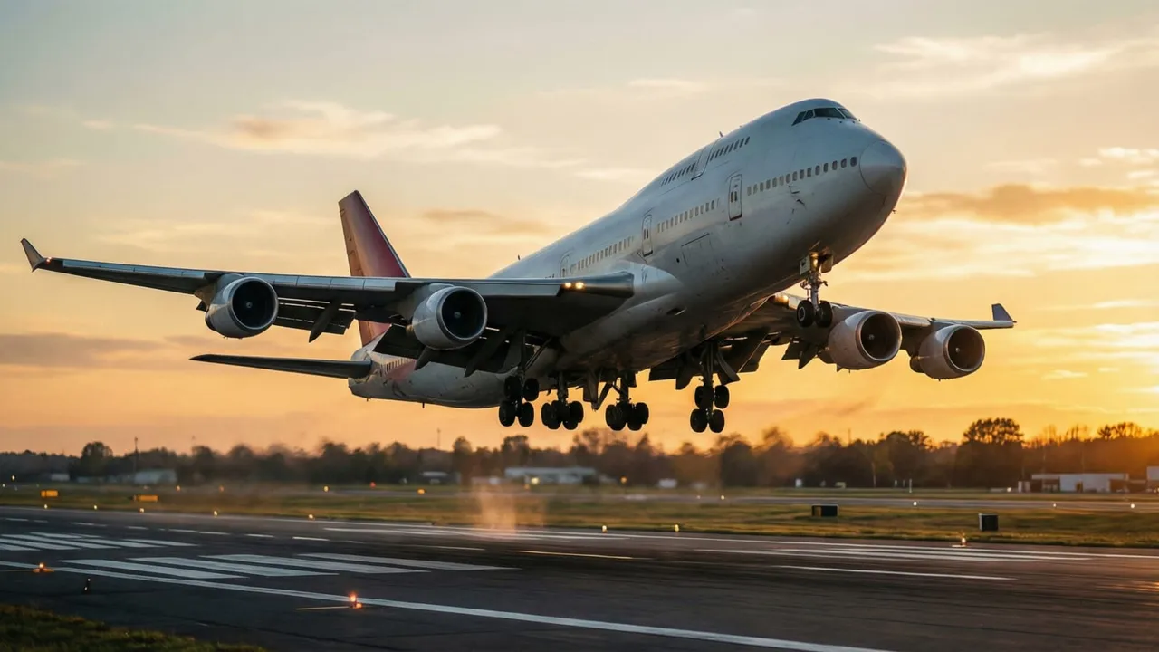 Avião decolando de aeroporto ao entardecer