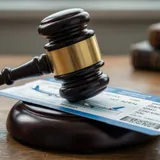 Martelo de juiz ao lado de cartão de embarque sobre uma mesa de madeira