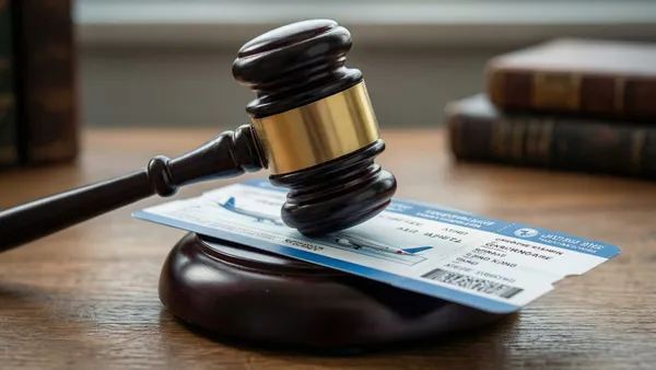 Martelo de juiz ao lado de cartão de embarque sobre uma mesa de madeira
