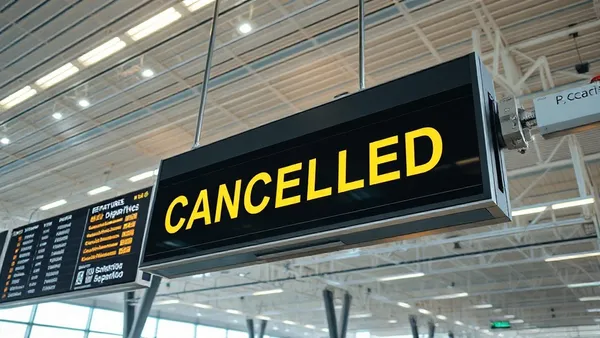 Painel de partidas de aeroporto internacional exibindo voo cancelado, com passageiros aguardando ao fundo
