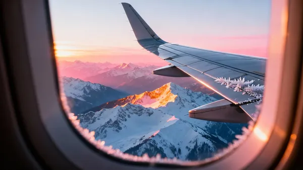 Asa de avião sobre montanhas nevadas ao amanhecer