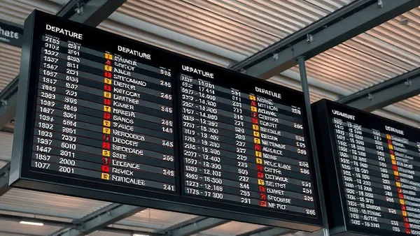 Painel de horários de voos em aeroporto mostrando destinos e datas