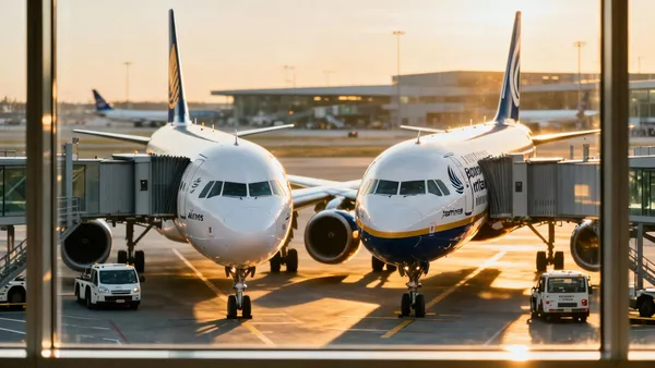Dois aviões em portões vizinhos vistos do terminal