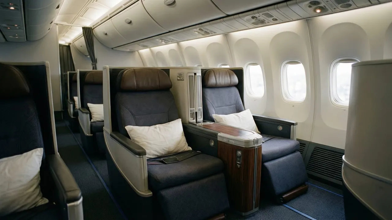 Cabine de classe executiva de avião de fuselagem larga com poltronas em configuração privativa