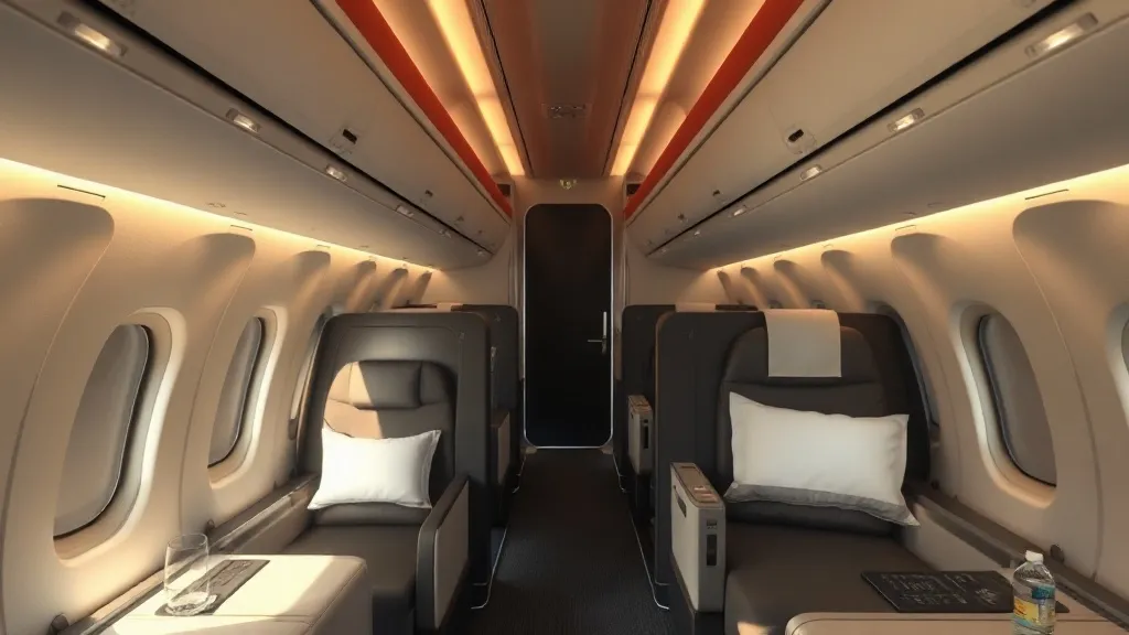 Cabine de classe executiva Qsuite da Qatar Airways com poltronas individuais e portas de privacidade