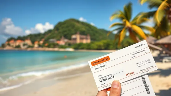 Cartão de embarque em frente a praias tropicais do Nordeste brasileiro representando emissão de passagem com milhas